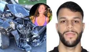 Morte de nutricionista no Guarujá: Montagem com a imagem do carro amassado após acidente com danos na frente e um retrato do homem identificado como Murilo Rabello Abite, associado ao caso no Guarujá.