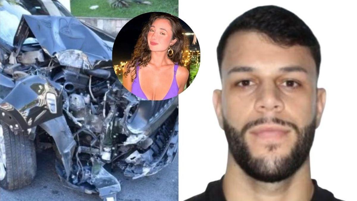 Morte de nutricionista no Guarujá: Montagem com a imagem do carro amassado após acidente com danos na frente e um retrato do homem identificado como Murilo Rabello Abite, associado ao caso no Guarujá.