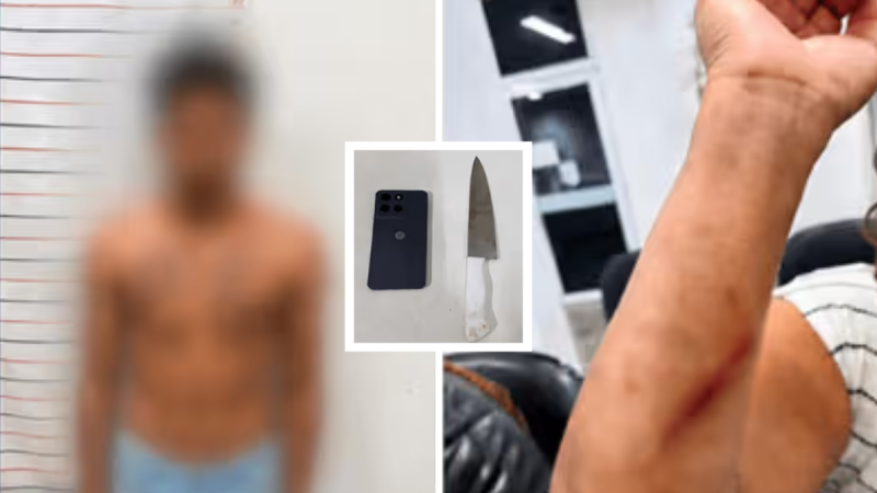 Imagem em montagem de reportagem: homem com o rosto desfocado e um detalhe de uma faca na mão, sugerindo ocorrência envolvendo violência doméstica em Atibaia.