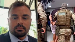 Imagem em composição: à esquerda, foto de um advogado de terno e barba; à direita, agentes de segurança conduzindo um homem algemado em um ambiente interno, sem mostrar marcas específicas. contexto sobre advogado sequestrado e mantido em cárcere em Cubatão