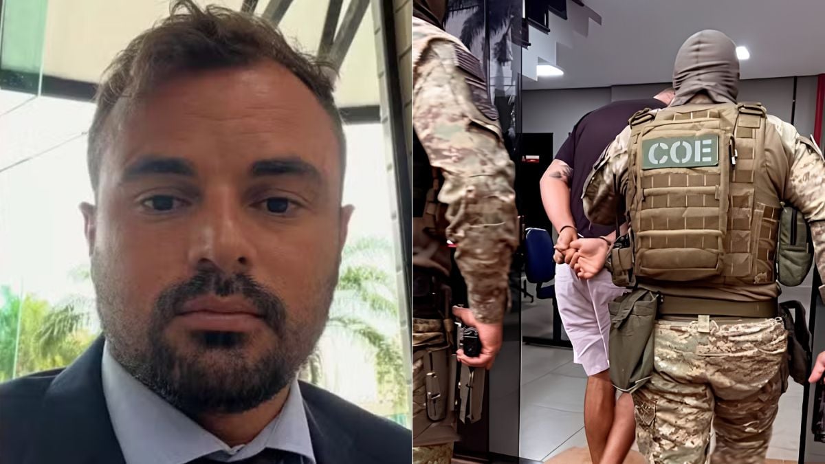Imagem em composição: à esquerda, foto de um advogado de terno e barba; à direita, agentes de segurança conduzindo um homem algemado em um ambiente interno, sem mostrar marcas específicas. contexto sobre advogado sequestrado e mantido em cárcere em Cubatão