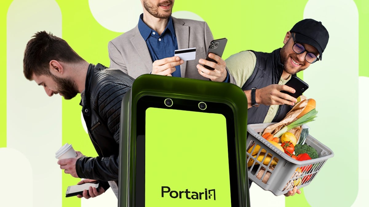 IA em condomínios com resposta em apenas 1 segundo: pessoas usando smartphone e cartão perto de um painel de portaria com o texto “Portaria”, simbolizando automação e atendimento rápido. SindExperience