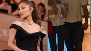 Ariana Grande em evento com destaque para a nova tatuagem exibida no braço, gerando curiosidade dos fãs sobre a possibilidade de ser uma tattoo de casal.