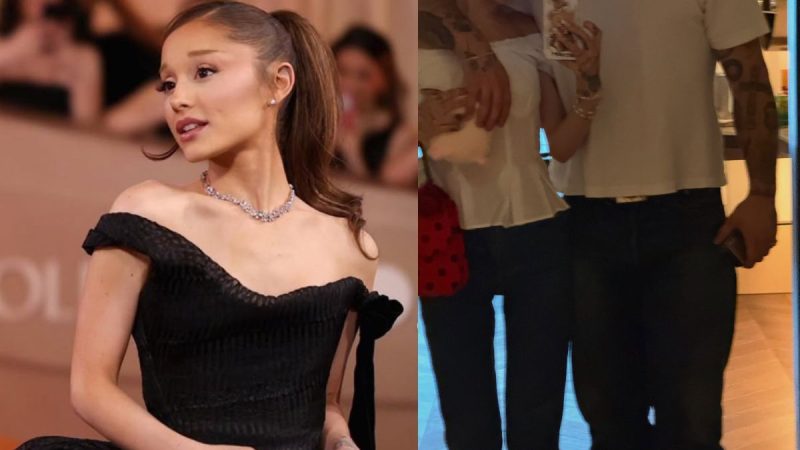 Ariana Grande em evento com destaque para a nova tatuagem exibida no braço, gerando curiosidade dos fãs sobre a possibilidade de ser uma tattoo de casal.