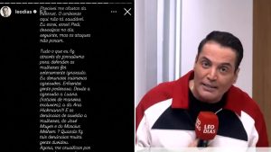 Léo Dias se afasta das redes após ofensas a Virginia, em imagem de entrevista com Léo Dias falando ao microfone e compartilhando texto em tela sobre o ambiente não estar saudável.