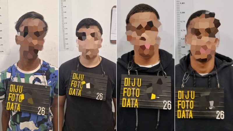 Adolescentes são mostrados em fotos de identificação com tarjas pixeladas, em registro relacionado a Adolescentes furtam oxxo Santos; VÍDEO, em Santos.