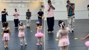 Neymar chora e participa da apresentação de balé da Mavie, entrando na dança com a filha em estúdio de balé, ao lado de bailarinos e professores.