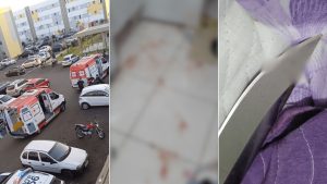 Mulher esfaqueada pelo companheiro em Piracicaba: imagens mostram ambulâncias e cenas de atendimento em via urbana, além de close desfocado com vestimenta.