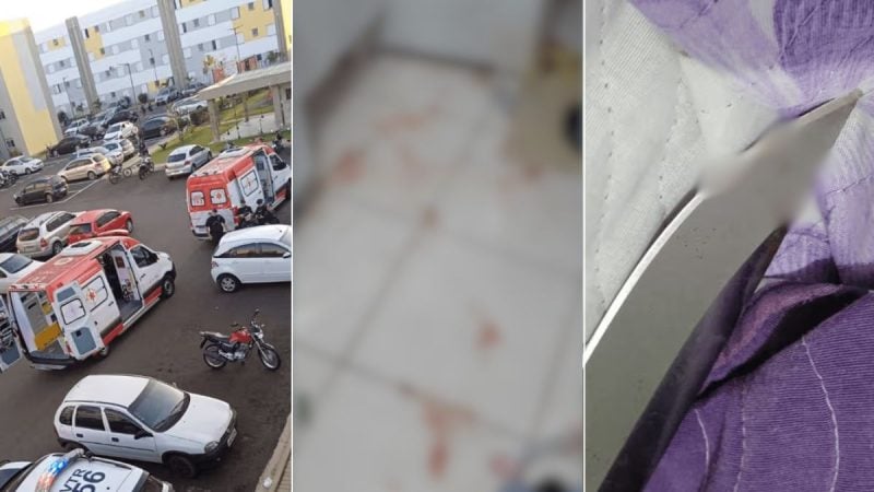 Mulher esfaqueada pelo companheiro em Piracicaba: imagens mostram ambulâncias e cenas de atendimento em via urbana, além de close desfocado com vestimenta.