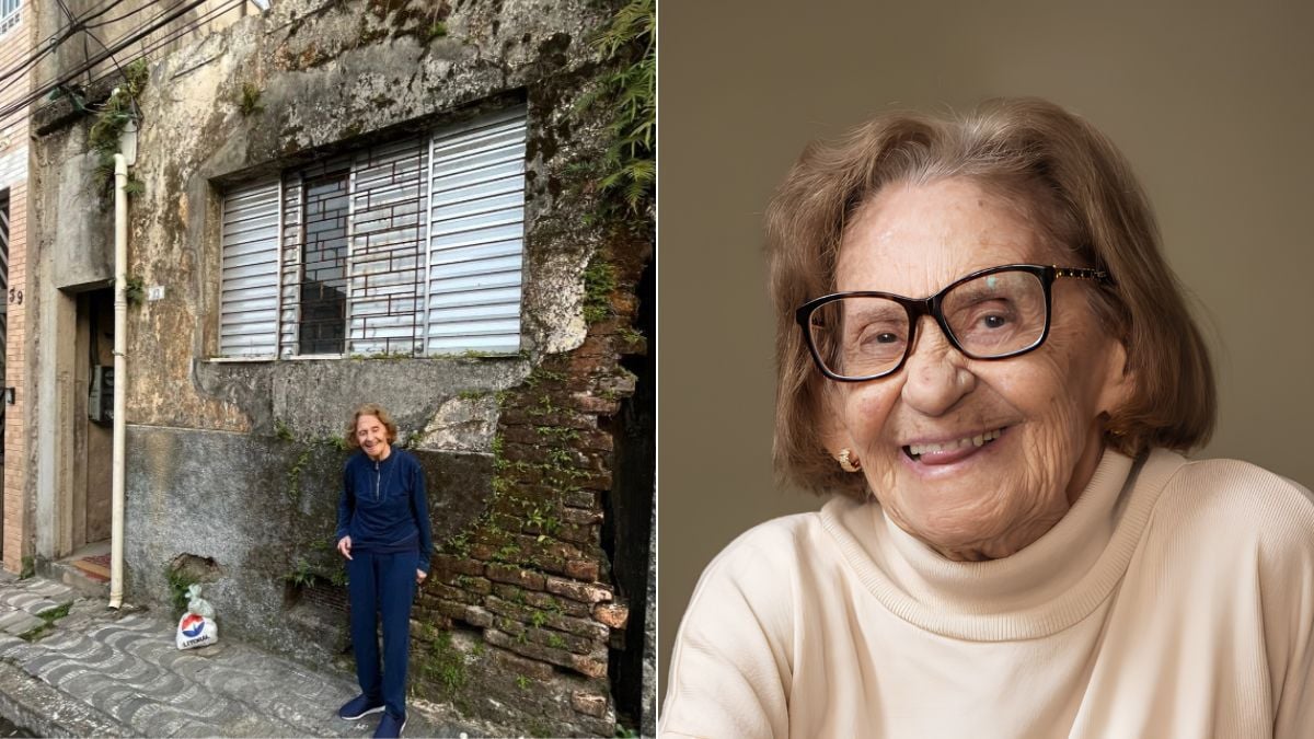 Laura Cardoso em foto na casa onde viveu na Baixada Santista, com imagem externa ao lado de uma foto de retrato sorridente da mesma mulher, em contexto de retorno ao lar