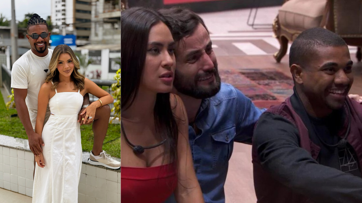 Montagem com Davi Brito ao lado de uma mulher, em um cenário externo urbano, e também a participação em uma cena com pessoas próximas, em contexto de casamento em Salvador.