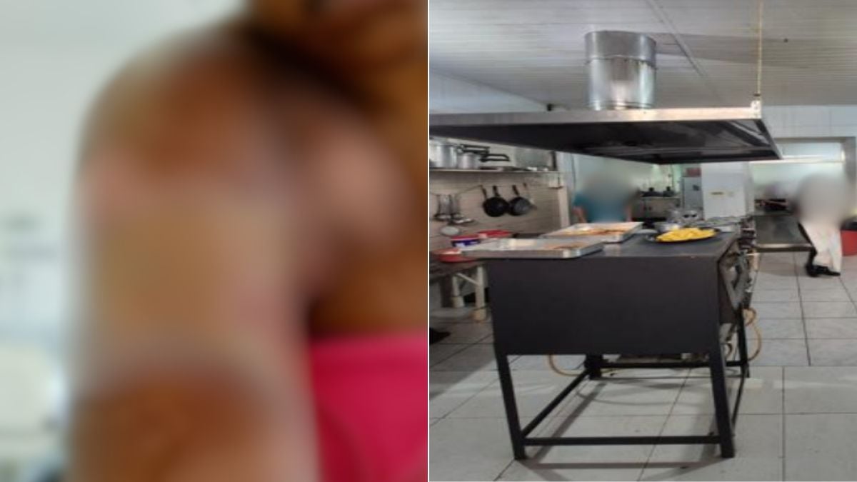 acidente de trabalho em restaurante de Santos: cena em cozinha industrial com fogão e equipamentos, reforçando o contexto de queimadura por óleo quente e condenação do estabelecimento