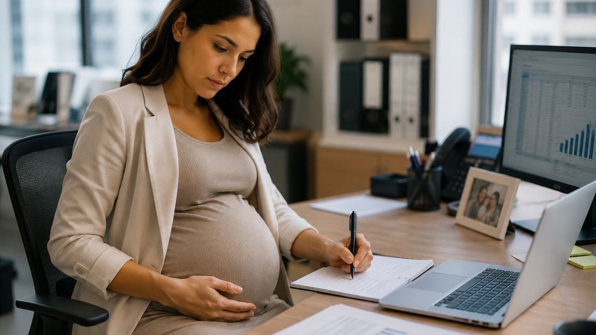 Mulher grávida em ambiente de trabalho, sentada e gestando enquanto preenche um documento em frente ao computador. Texto na imagem: “Gestação de alto risco agora dispensa carência no INSS. Veja quem tem direito”.