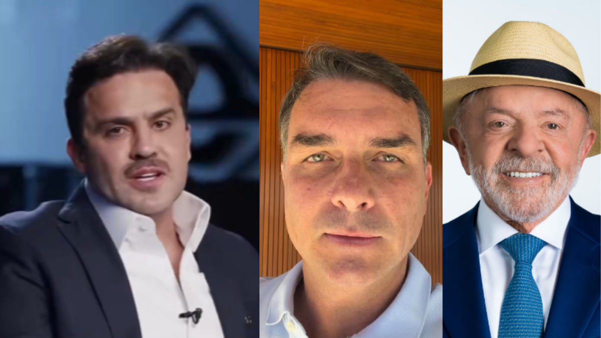 Colagem com Pablo Marçal, Flávio Bolsonaro e Lula em contexto de política no Brasil, com clima de debate e eleições 2026.