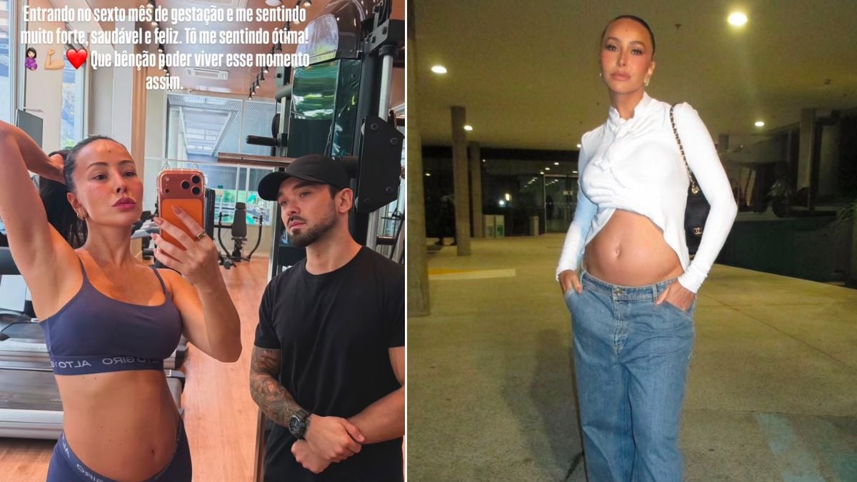 Sabrina Sato exibe a barriguinha ao entrar no 6º mês de gestação, com expressão de bem-estar e felicidade em fotos tiradas ao ar livre e em ambiente interno à noite