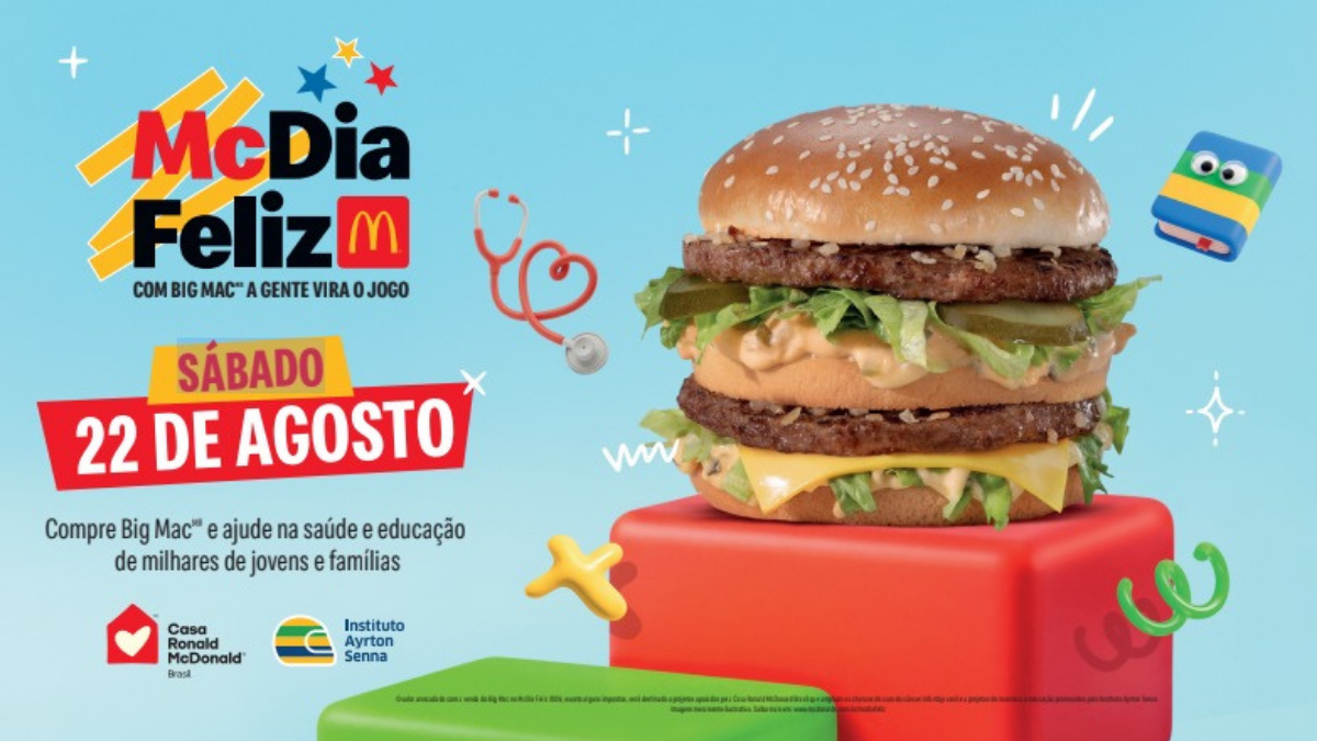 McDia Feliz 2026 com imagem de um hambúrguer Big Mac estilizado sobre uma caixa vermelha, com banner azul destacando “Sábado 22 de agosto” e chamada para participar na Baixada Santista.