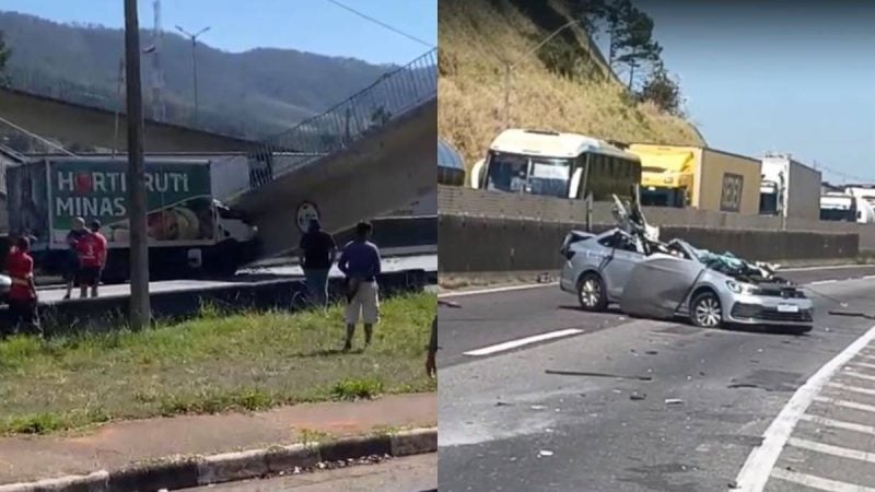 Fernão Dias após queda de passarela que matou dois: imagens mostram acidente em rodovia com veículos, destroços e pessoas no local, com ônibus e carros envolvidos na via.
