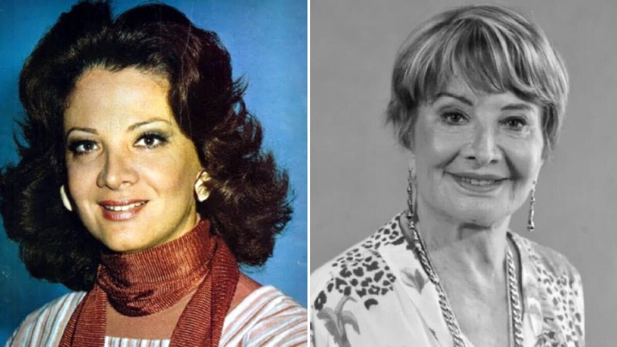 Glória Menezes, atriz brasileira, aparece em duas fotos de retrato lado a lado: à esquerda com cabelo escuro ondulado e cachecol vermelho, à direita com cabelo curto claro e brincos, em imagem de homenagem sobre sua trajetória na TV.