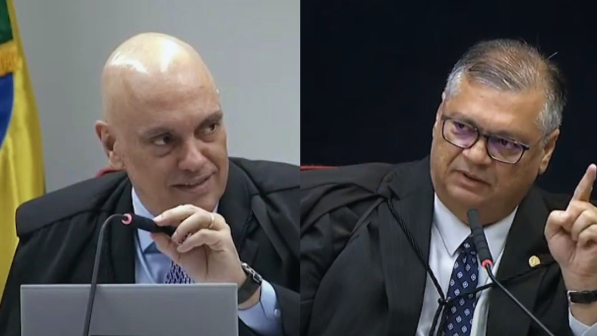 stf jornalismo: imagem em dois painéis de ministros em sessão, com o texto sobre a discussão da volta do diploma de jornalismo, defendida por Moraes e Dino.