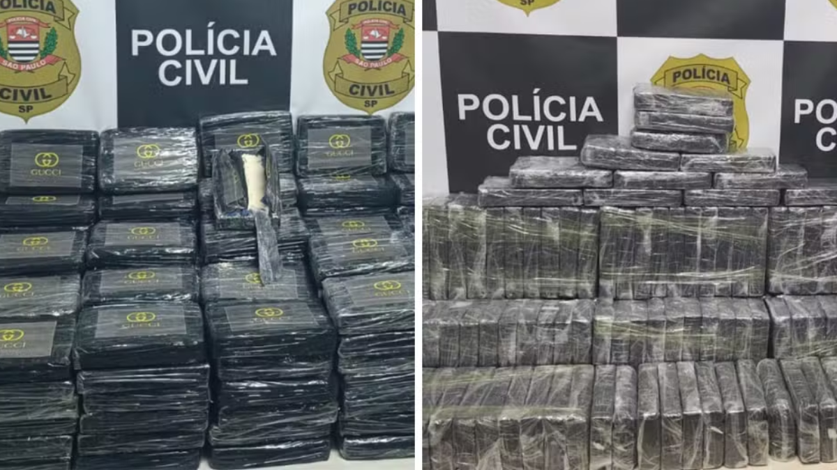 Apreensão de cocaína em Campinas e Paulínia: imagens mostram fardos e barras de cocaína embaladas em pacotes, ao lado de fundos com o texto Polícia Civil, em investigação policial.