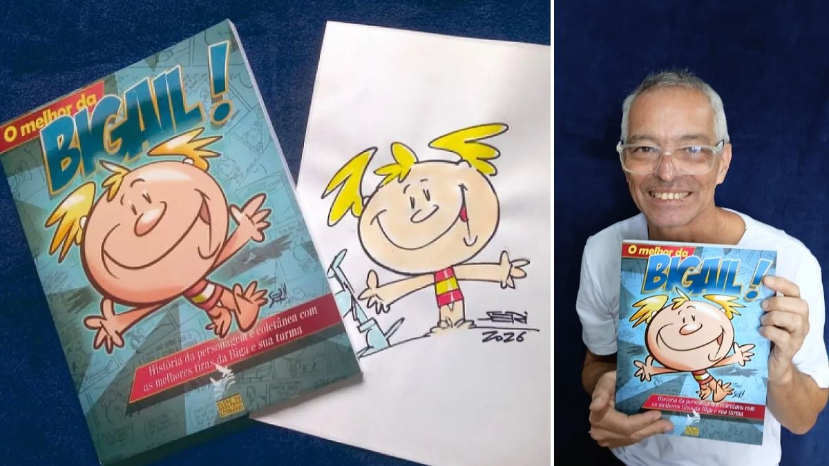 Campanha de financiamento coletivo para viabilizar “O Melhor da Bigail”, com livros ilustrados da Bigail ao lado de um homem sorridente segurando a capa “O Melhor da Bigail”.