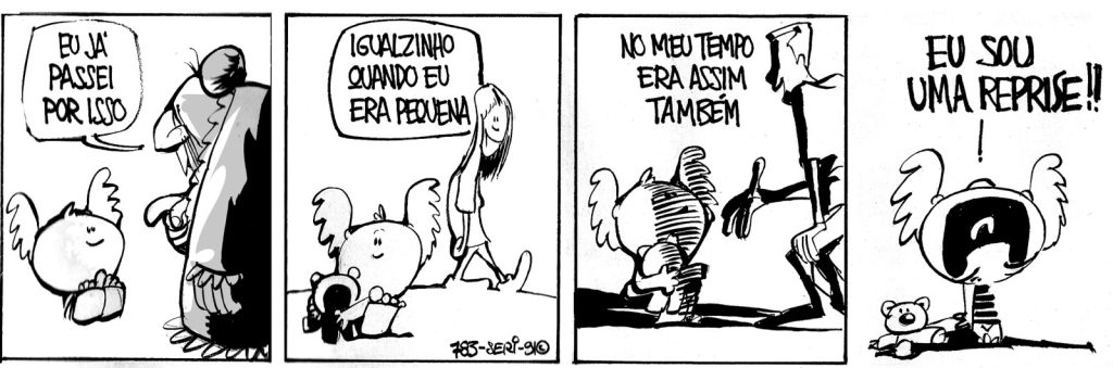 Bigail está de volta: tira em quadrinhos com personagens e balões de fala, incluindo a frase “Eu sou uma reprise”, em preto e branco.
