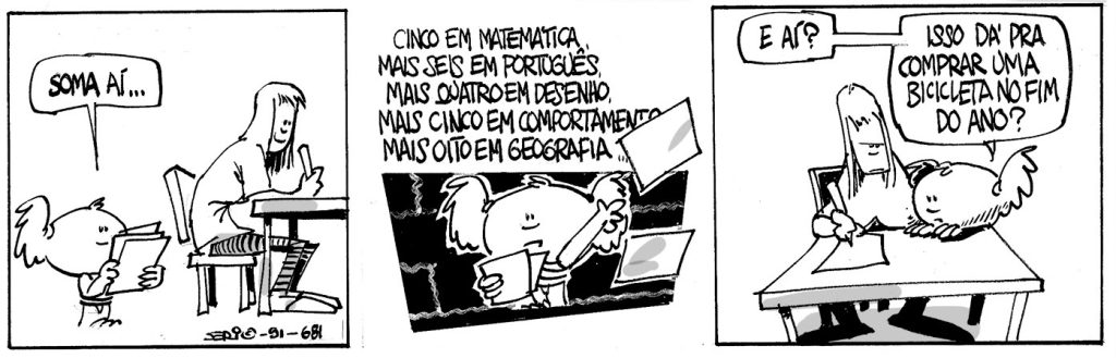 Bigail está de volta: tirinhas em quadrinhos mostram a personagem em diferentes situações, com falas em balões e cenas em preto e branco.