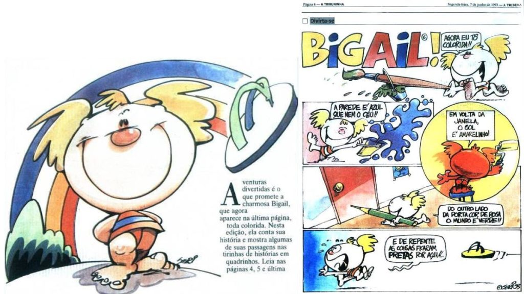 Bigail está de volta em uma página de gibi com tirinhas coloridas do personagem Bigail, mostrando aventuras e uma prancha com quadros de diálogo.