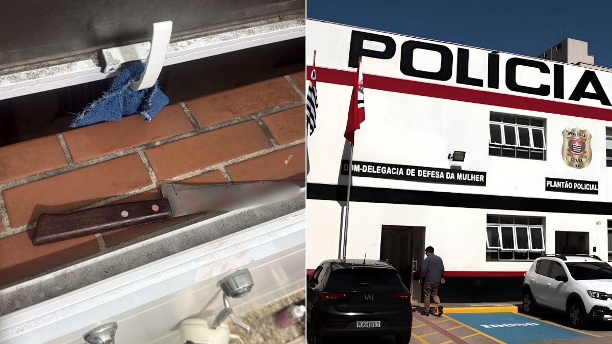 Homem investigado por atacar companheira e filho: registro mostra uma lâmina/arma branca exposta em uma área interna e, em outra imagem, viatura e prédio com sinalização de polícia em Santos, em contexto de tentativa de agressão com facadas.