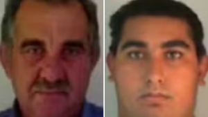 Imagem de dois retratos em estilo de foto policial: Antônio Buscariollo e Paulo Ricardo Buscariollo, pai e filho procurados pela Interpol por suspeita de envolvimento na morte de quatro amigos no Paraná.