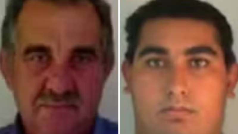 Imagem de dois retratos em estilo de foto policial: Antônio Buscariollo e Paulo Ricardo Buscariollo, pai e filho procurados pela Interpol por suspeita de envolvimento na morte de quatro amigos no Paraná.