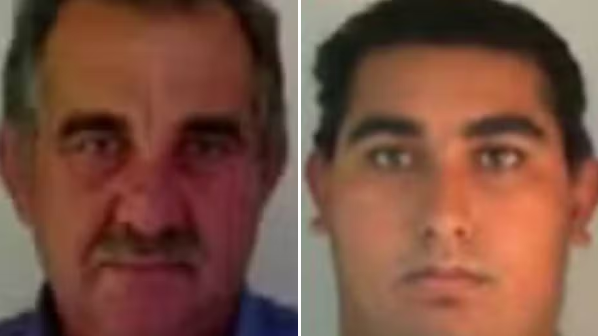 Imagem de dois retratos em estilo de foto policial: Antônio Buscariollo e Paulo Ricardo Buscariollo, pai e filho procurados pela Interpol por suspeita de envolvimento na morte de quatro amigos no Paraná.