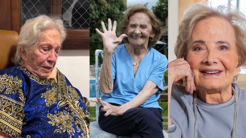 Nathalia Timberg aparece em fotos em momentos emocionados, sorrindo e gesticulando, em reportagem sobre sua reação após mortes de Laura e Glória: “Logo estaremos juntas”.