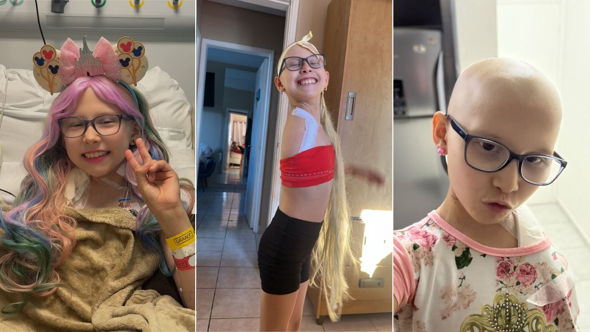 menina com câncer raro em Santos, de 8 anos, posa em fotos caseiras com peruca e bandagem no braço, usando óculos e demonstrando um sorriso no sonho de prótese robótica