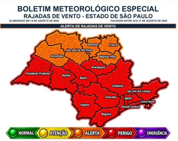 Mapa da Defesa Civil mostra alerta para rajadas de vento no estado de São Paulo.