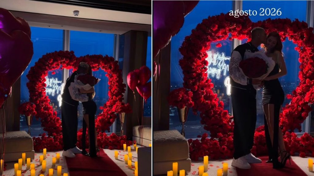 Amanda e Richarlison em pedido de casamento em Londres