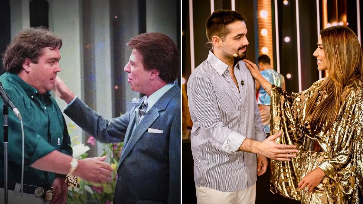 João Silva recria foto histórica de Faustão e Silvio Santos, ao lado de Patricia Abravanel, em uma imagem em estilo de programa de TV, com os três posando para a cena.