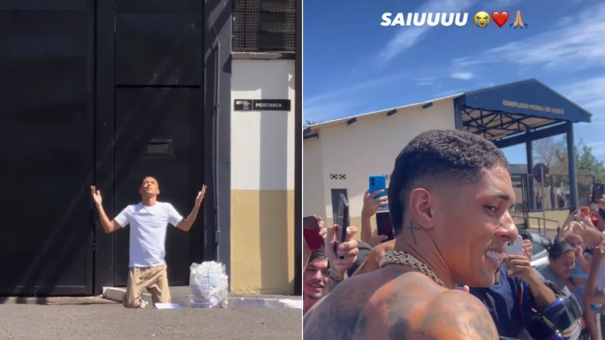 Buzeira deixa prisão: Montagem com dois momentos: na esquerda, homem diante de um prédio, com as mãos erguidas ao deixar o portão; na direita, aparece sorrindo fora do local e usando tornozeleira eletrônica, ao lado de outras pessoas e com celular na mão. Texto “SAIU” no topo.