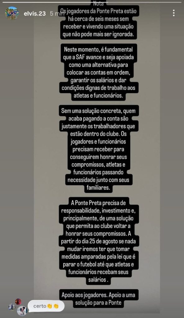 Card com texto sobre jogadores da Ponte Preta, citando que Elvis foi um dos que se manifestaram, e defendendo a busca de soluções para salários e contas do clube.