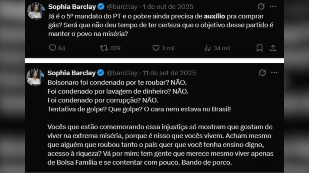 Sophia Barclay recebeu mais de R$ 27 mil em benefícios federais, incluindo Bolsa Família, Auxílio Emergencial e Gás do Povo, segundo o Portal da Transparência.