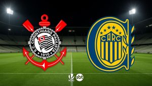 Corinthians x Rosario Central: escudos dos times Corinthians e Rosario Central sobre o gramado de um estádio, com informações de onde assistir ao vivo e horário do jogo.