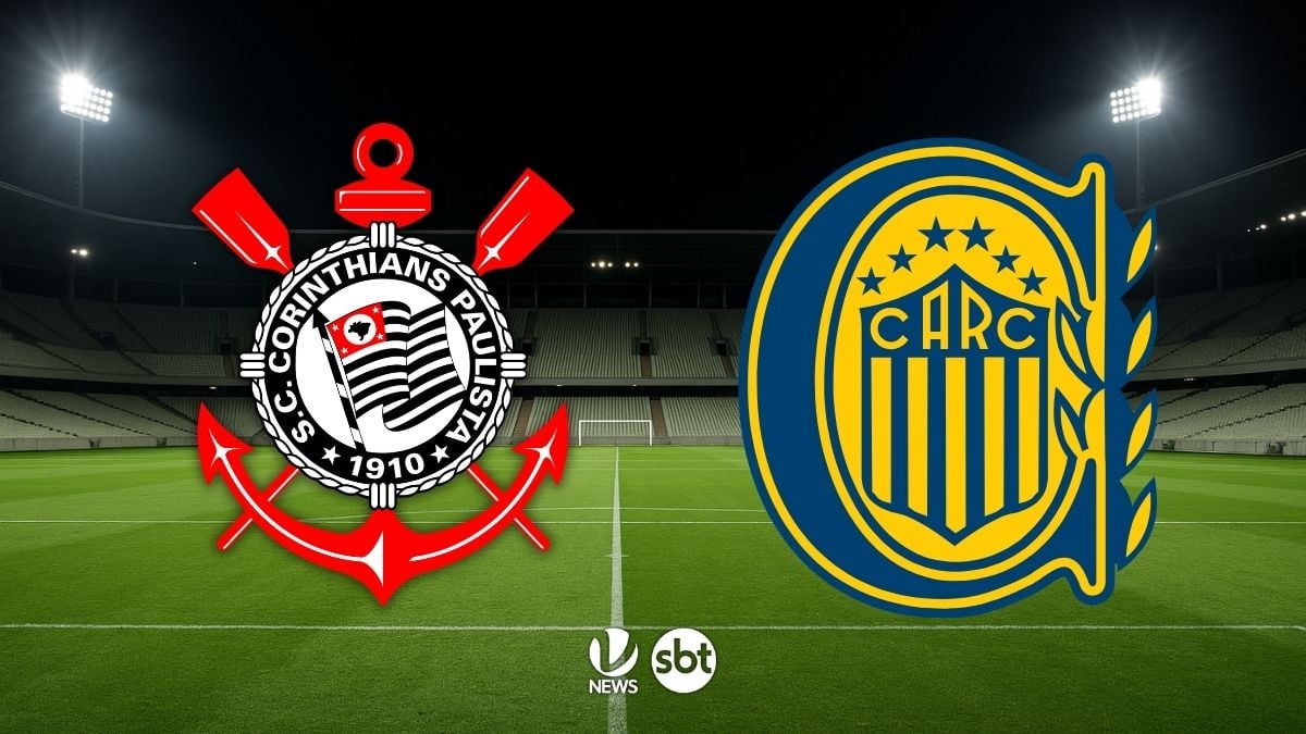 Corinthians x Rosario Central: escudos dos times Corinthians e Rosario Central sobre o gramado de um estádio, com informações de onde assistir ao vivo e horário do jogo.