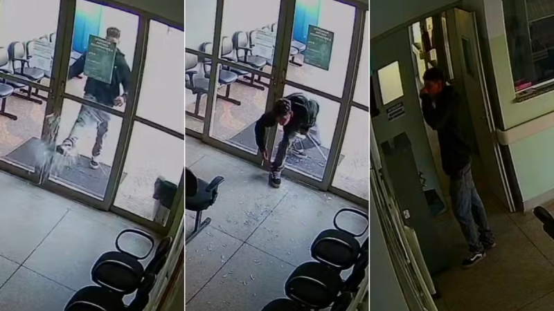 Câmeras de segurança registram homem invade posto de saúde em Cordeirópolis entrando no local, pegando água e saindo sem furtar nada, em imagens noturnas.
