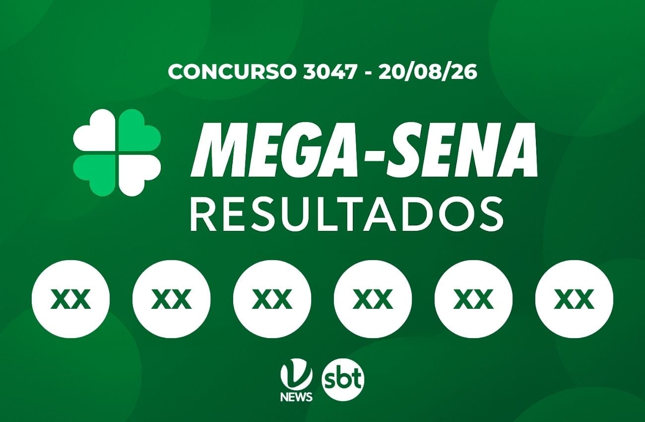 Mega-Sena 3047: Imagem do banner da Mega-Sena resultados, com indicação do concurso 3047 e data 20/08/26, em fundo verde e com logo da SBT News.