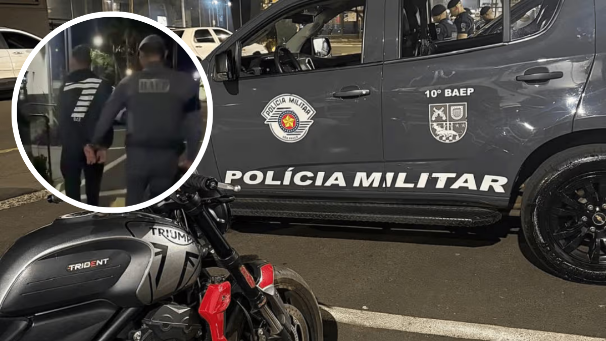 Viatura da Polícia Militar com motocicleta em área urbana à noite e detalhe em círculo de um homem imobilizado, em ocorrência registrada em Sumaré: adolescente morre baleado em Sumaré após tentativa de assalto a guarda municipal.