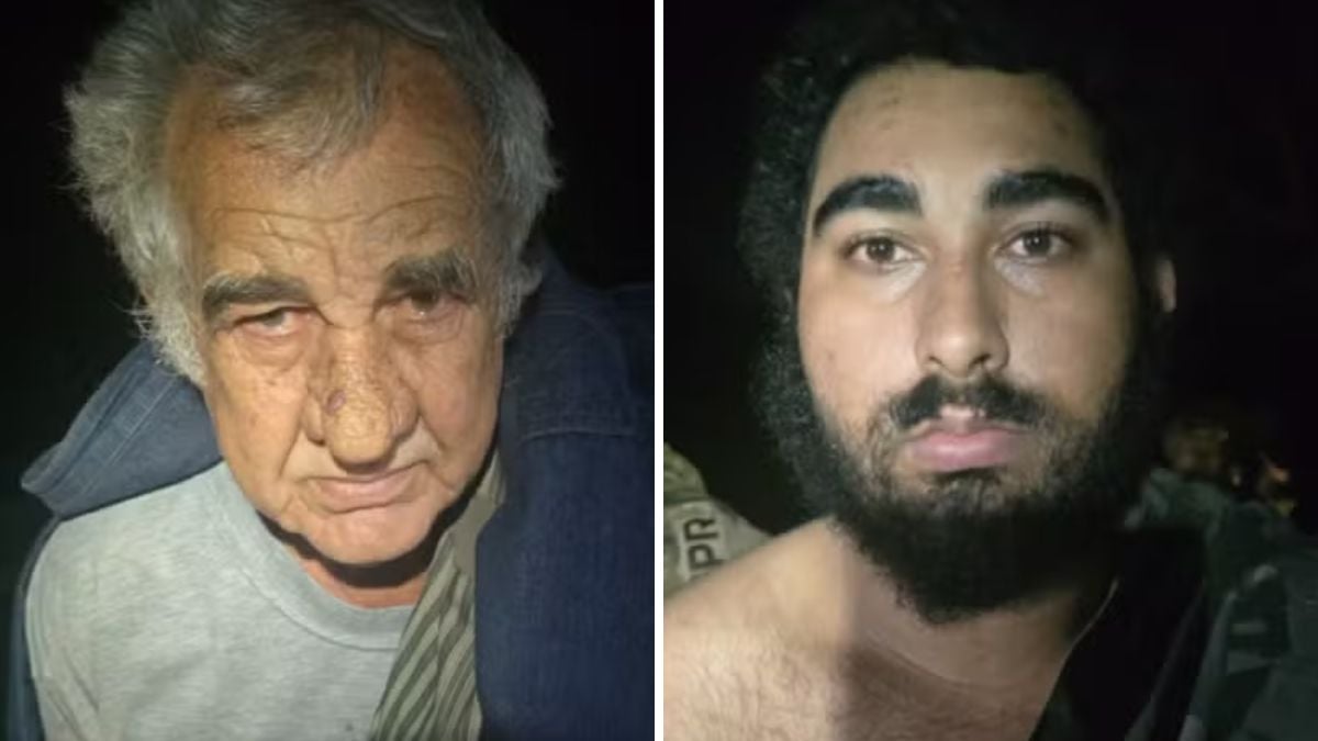 Foto de dois suspeitos em prisão, um homem idoso e um homem mais jovem, exibidos lado a lado em imagens noturnas, em caso de prisão de pai e dois filhos