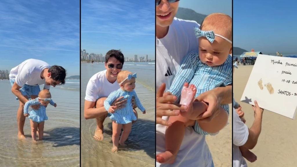 Lucas Bley e a filha Mia, em Santos.
