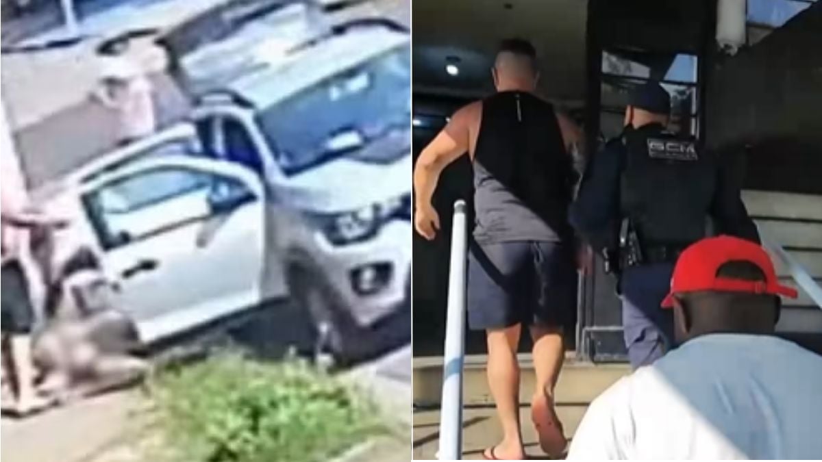 Cenas de vídeo mostram mulher atropelada em Guarujá, com registro de resgate e atendimento após sofrer fratura na costela; imagens em corte com veículo e equipe no local.