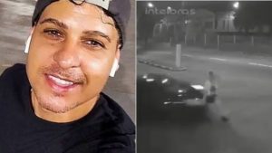 Homem aparece em foto de perfil ao lado de frame de vídeo em ambiente externo à noite, em contexto de notícia sobre o Homem que esfaqueou esposa em Santos, com referência a atropelamento