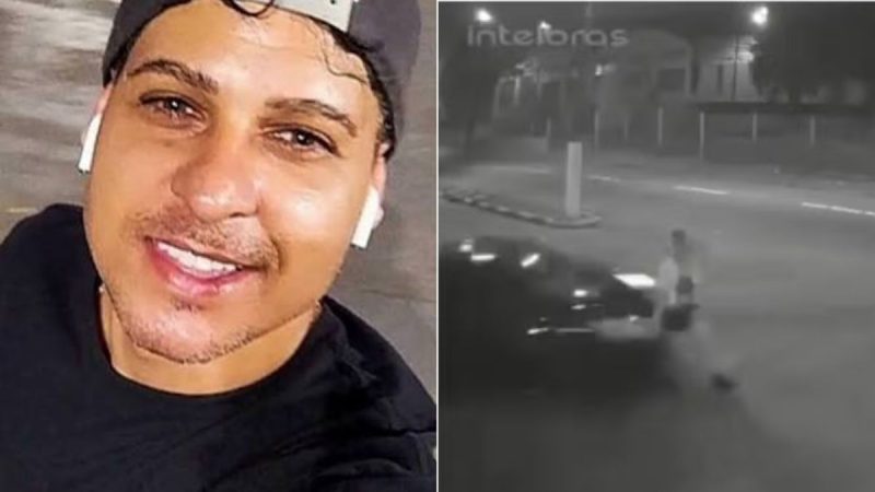 Homem aparece em foto de perfil ao lado de frame de vídeo em ambiente externo à noite, em contexto de notícia sobre o Homem que esfaqueou esposa em Santos, com referência a atropelamento